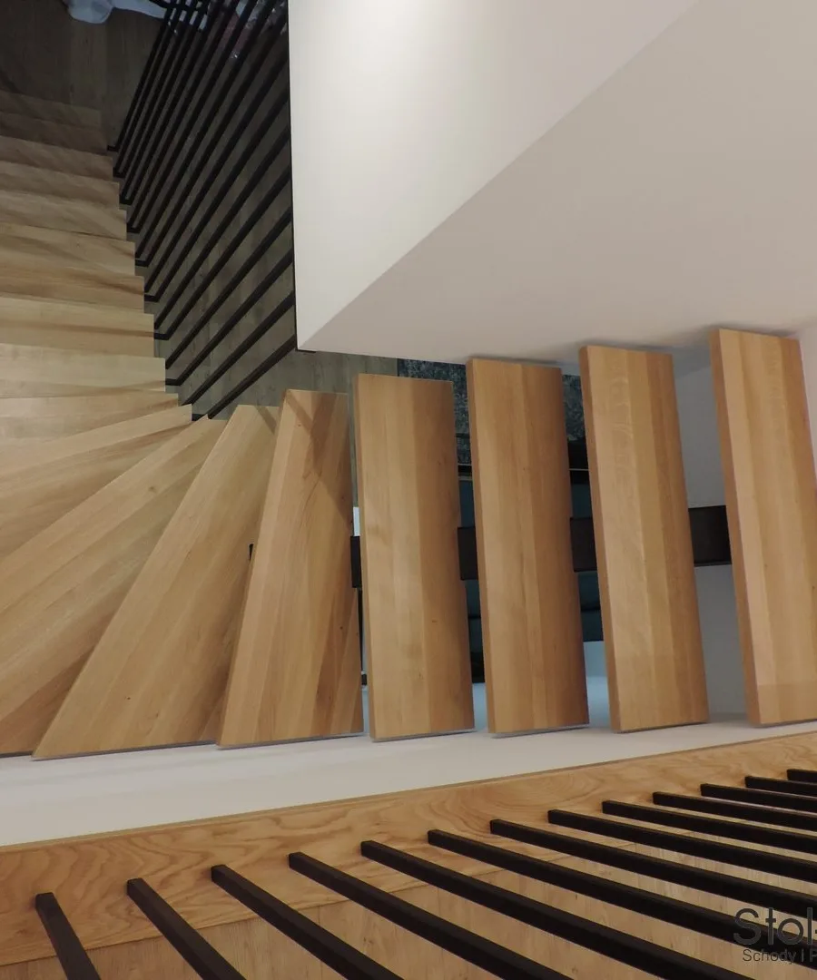 Zabiegi schodów widziane z góry i rząd czarnych prętów balustrady — Iwonicz-Zdrój